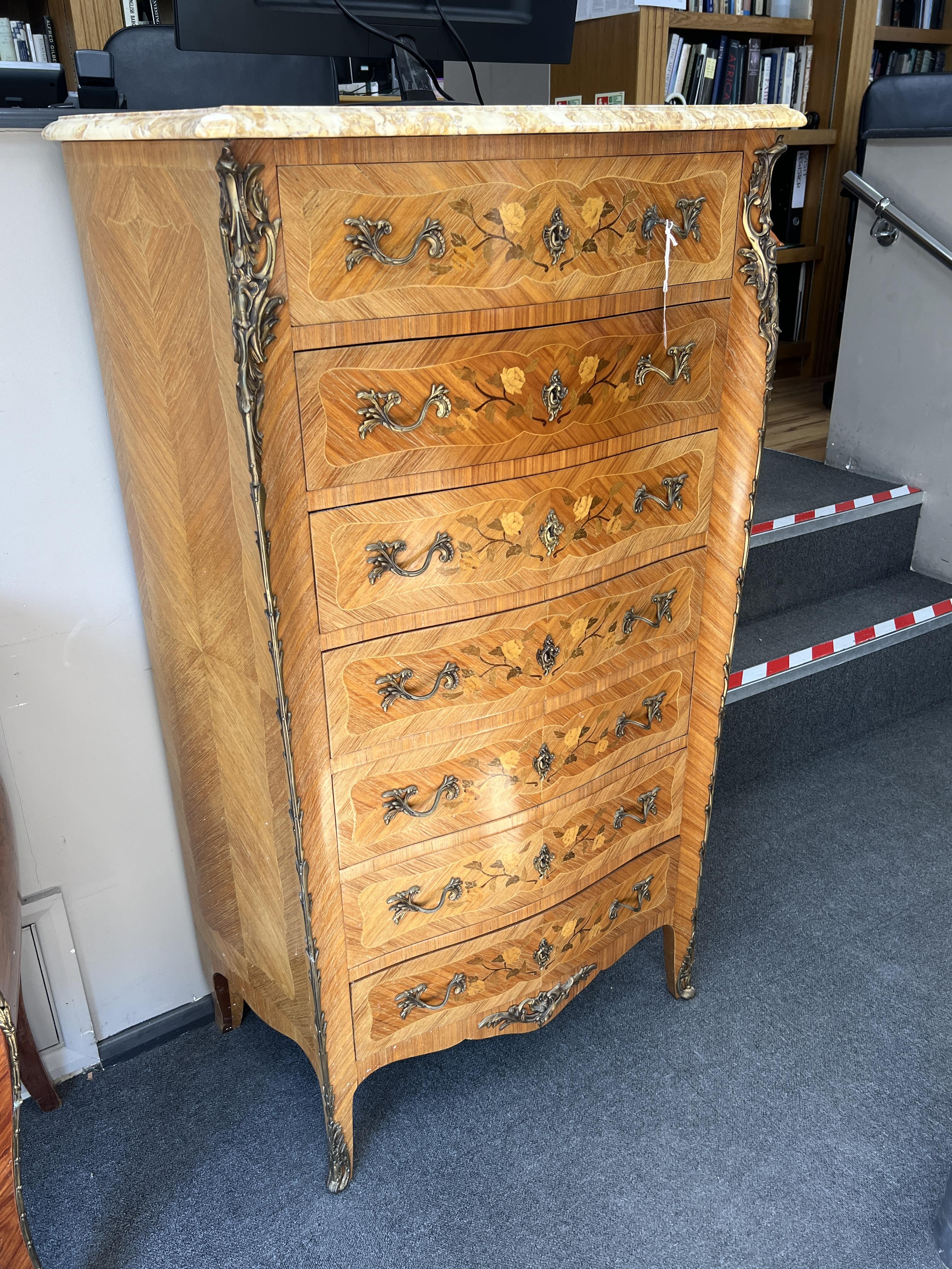 A Louis XV style inlaid kingwood marble top semanier, width 80cm, depth 45cm, height 137cm. Condition - fair